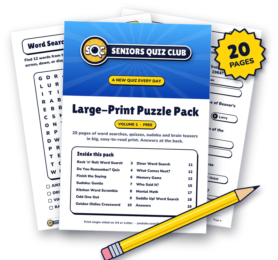 The Large-Print Puzzle Pack printed out: the cover, a word search and a quiz page, with a pencil