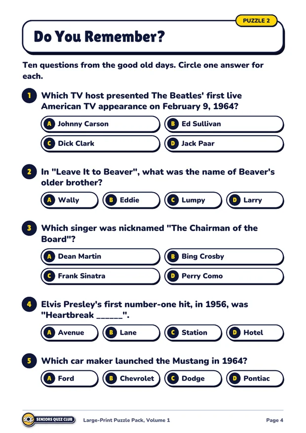 A Do You Remember quiz page from the pack